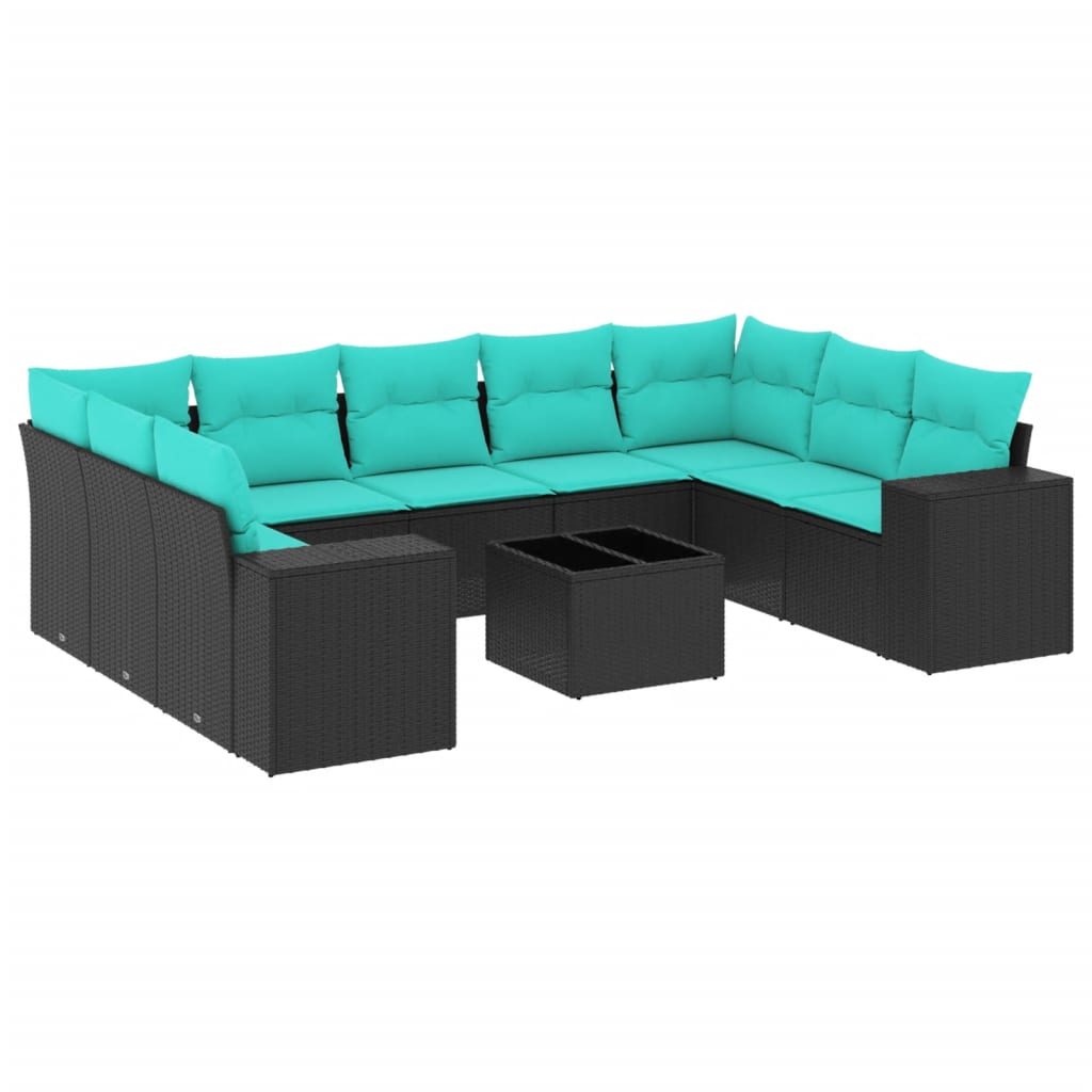 10 Piece Patio Sofa Set with Cushions Black Poly Rattan