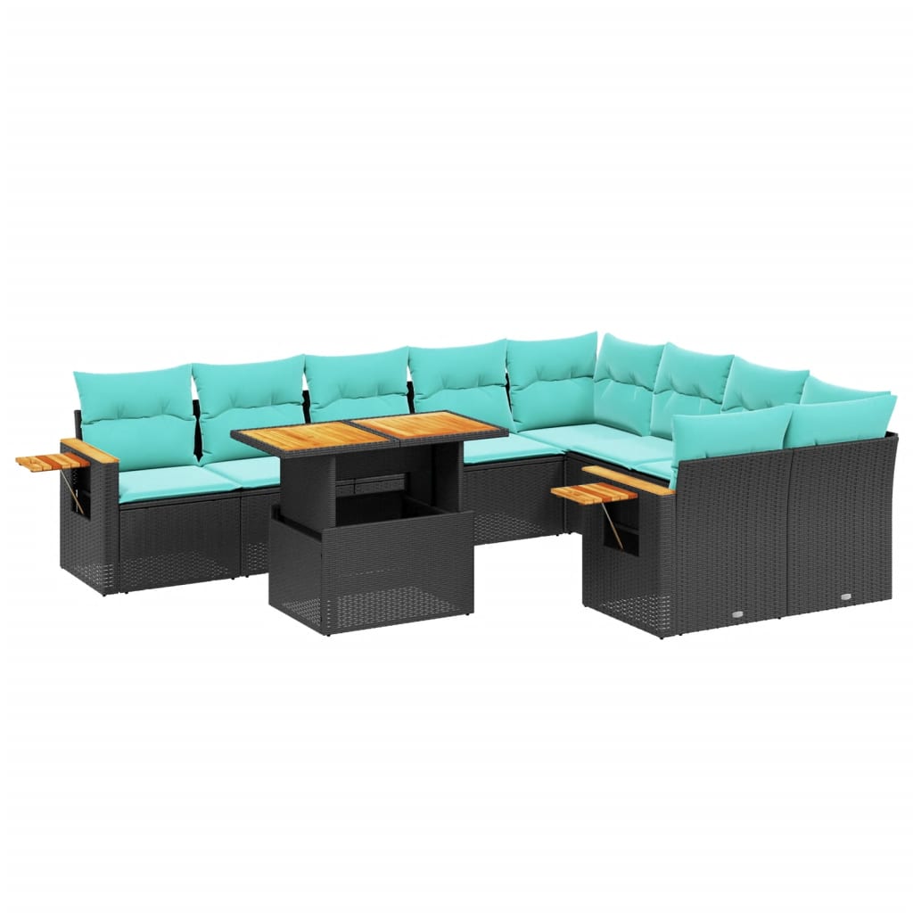 10 Piece Patio Sofa Set with Cushions Black Poly Rattan