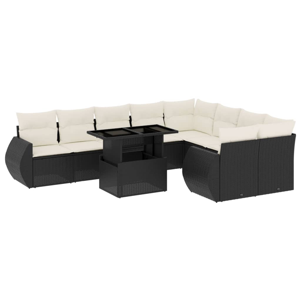 10 Piece Patio Sofa Set with Cushions Black Poly Rattan