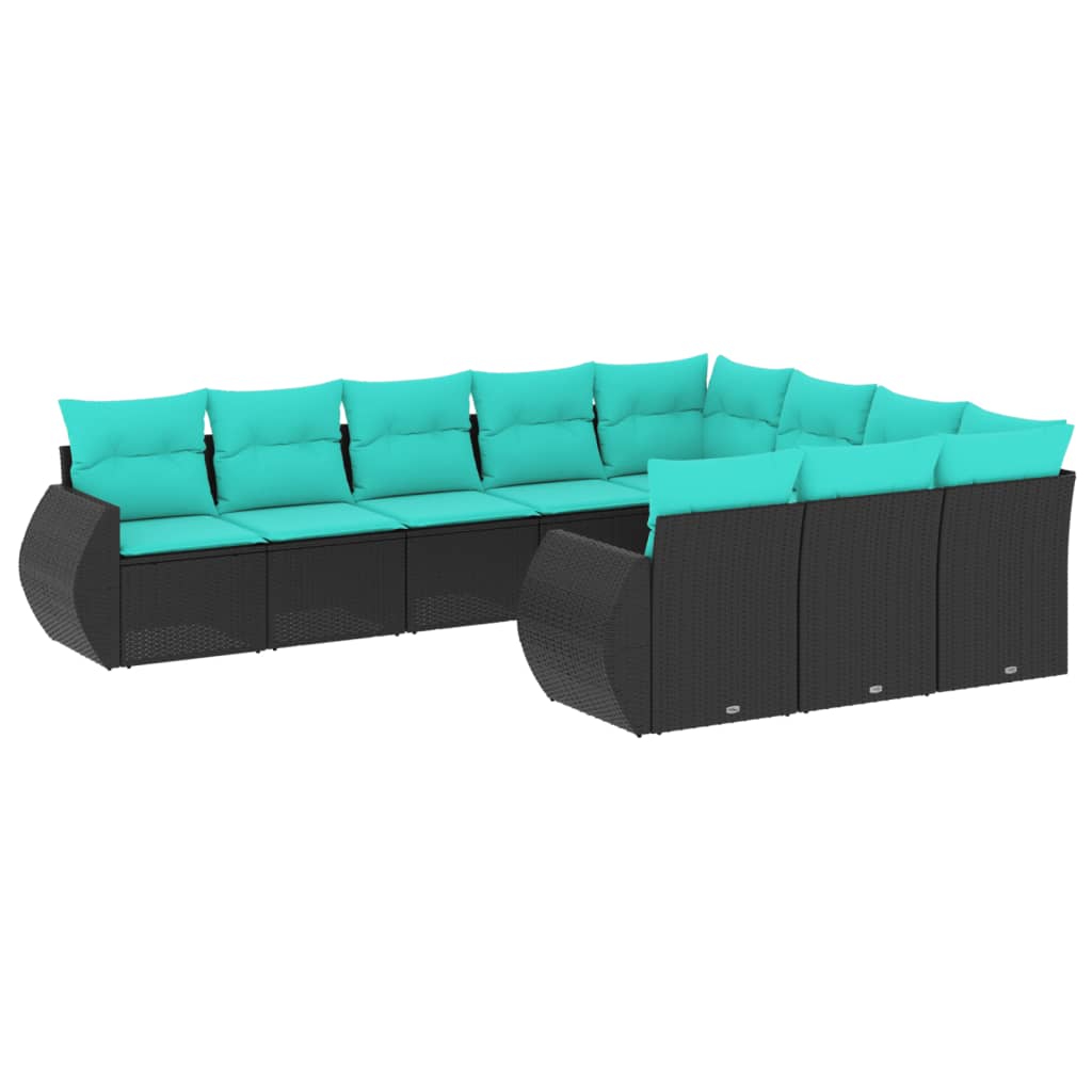 10 Piece Patio Sofa Set with Cushions Black Poly Rattan