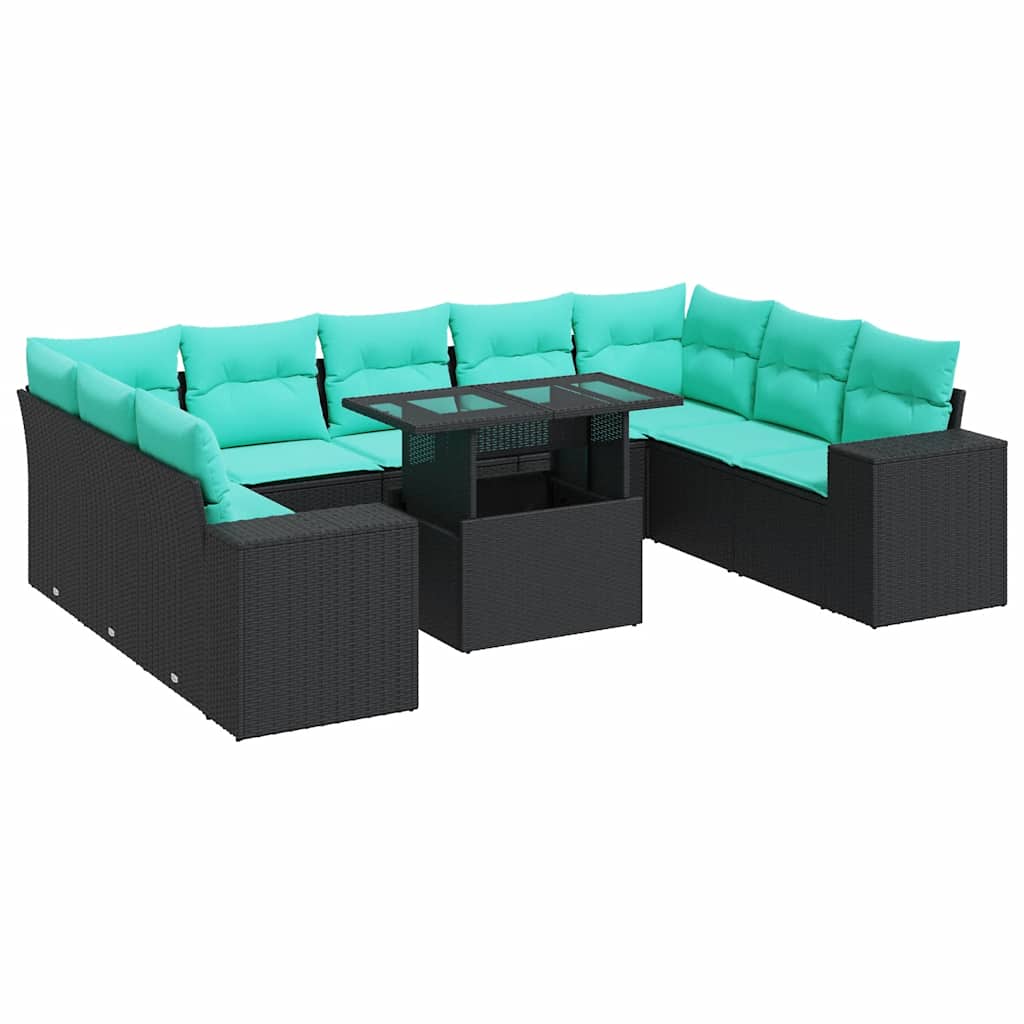 10 Piece Patio Sofa Set with Cushions Black Poly Rattan Acacia