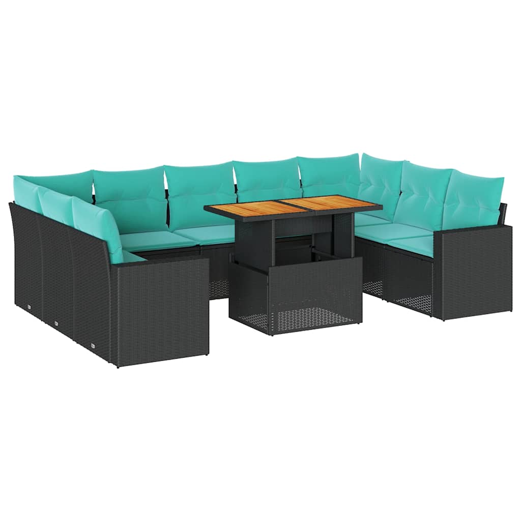 10 Piece Patio Sofa Set with Cushions Black Poly Rattan