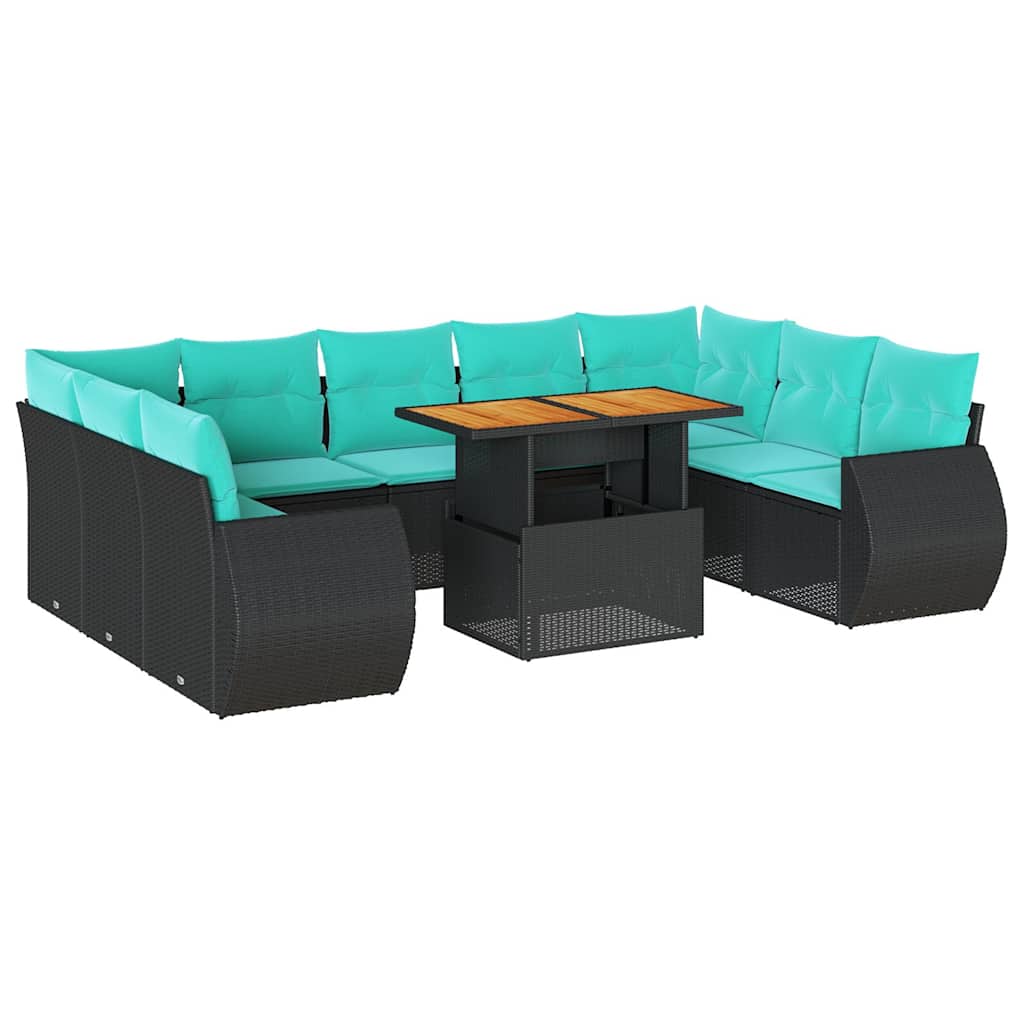 10 Piece Patio Sofa Set with Cushions Black Poly Rattan