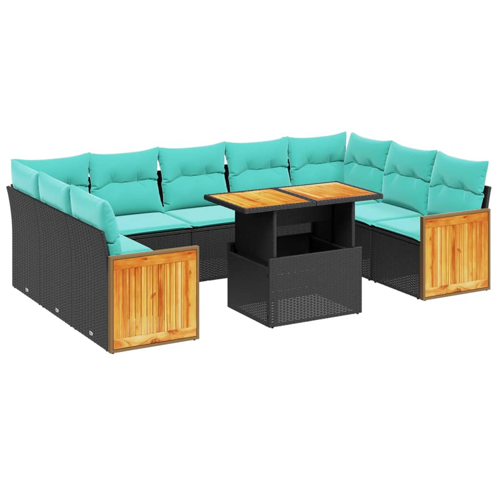 10 Piece Patio Sofa Set with Cushions Black Poly Rattan