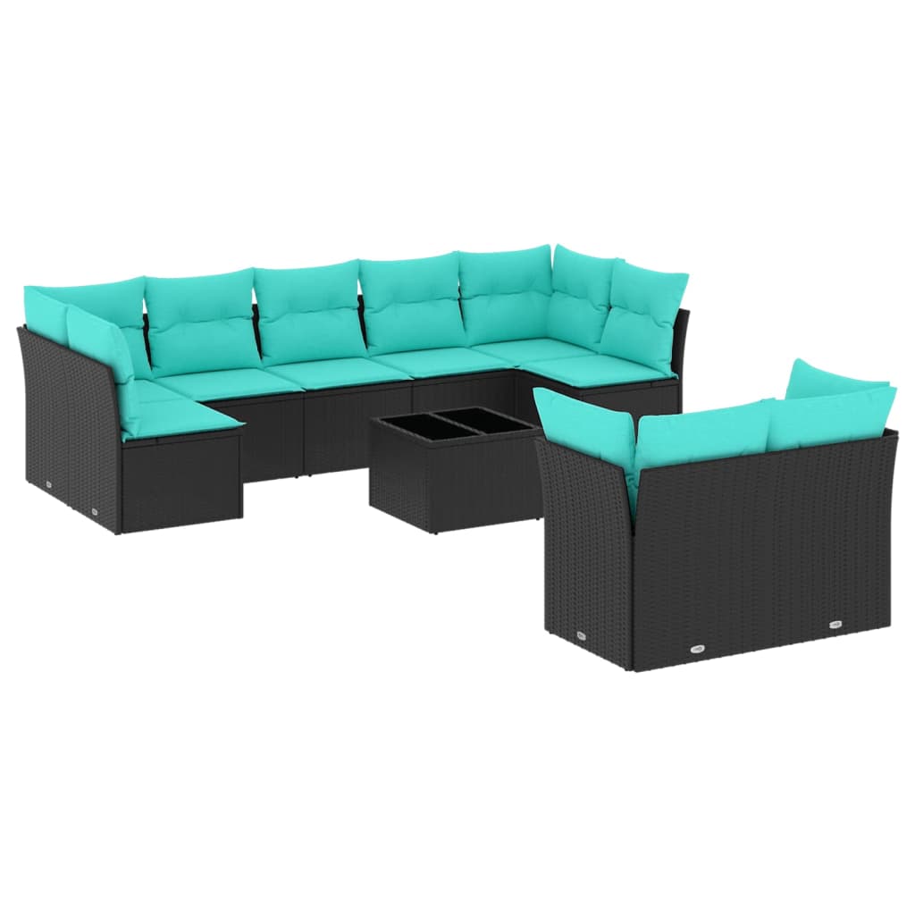 10 Piece Patio Sofa Set with Cushions Black Poly Rattan