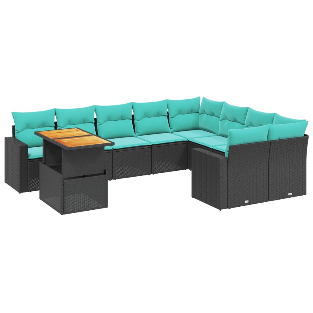 10 Piece Patio Sofa Set with Cushions Black Poly Rattan