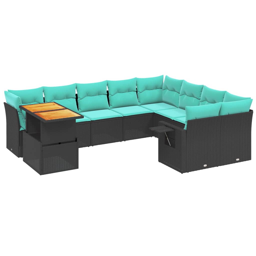 10 Piece Patio Sofa Set with Cushions Black Poly Rattan