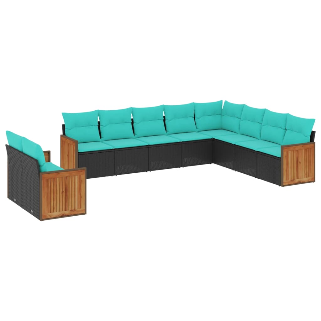 10 Piece Patio Sofa Set with Cushions Black Poly Rattan