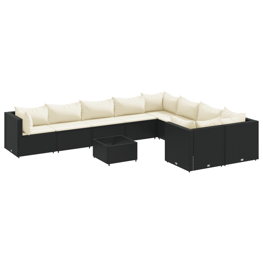10 Piece Patio Sofa Set with Cushions Black Poly Rattan