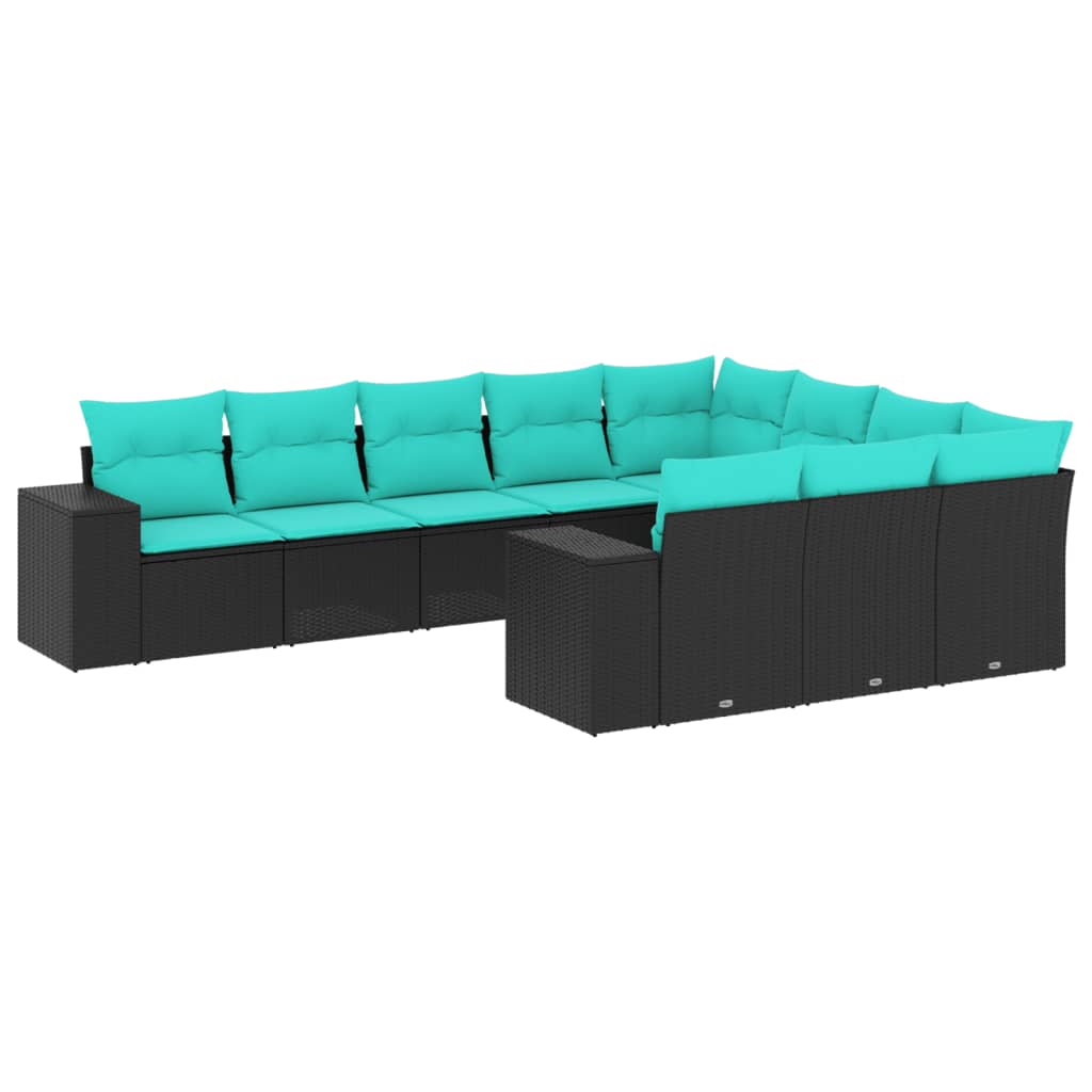 10 Piece Patio Sofa Set with Cushions Black Poly Rattan