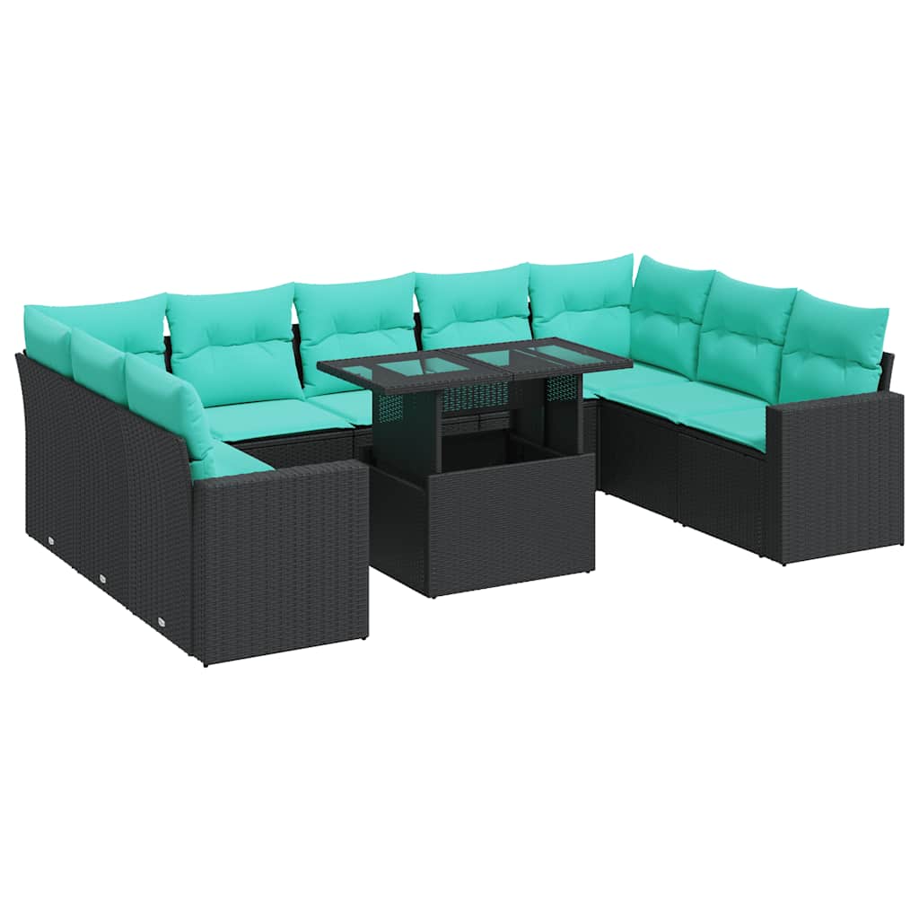 10 Piece Patio Sofa Set with Cushions Black Poly Rattan Acacia