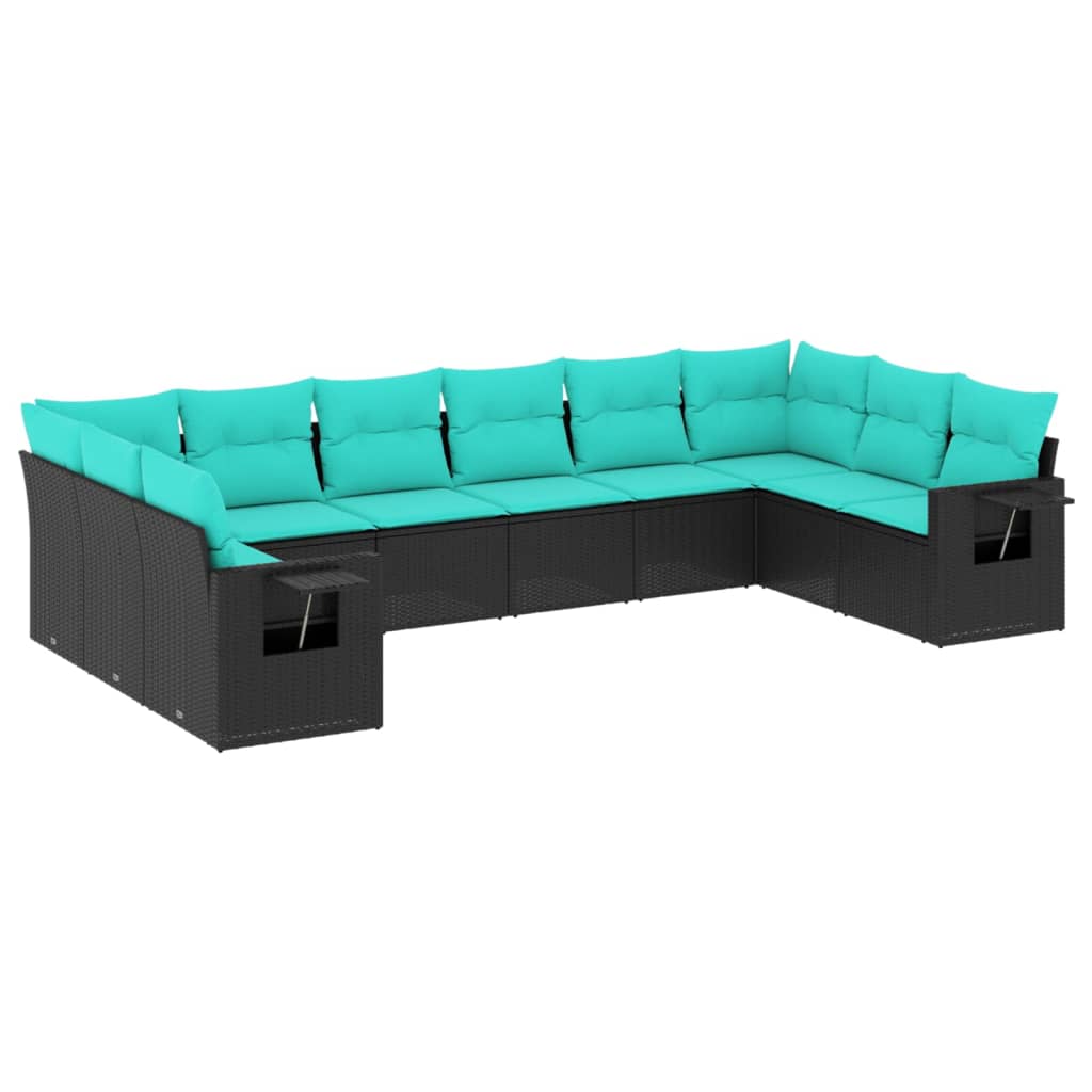 10 Piece Patio Sofa Set with Cushions Black Poly Rattan