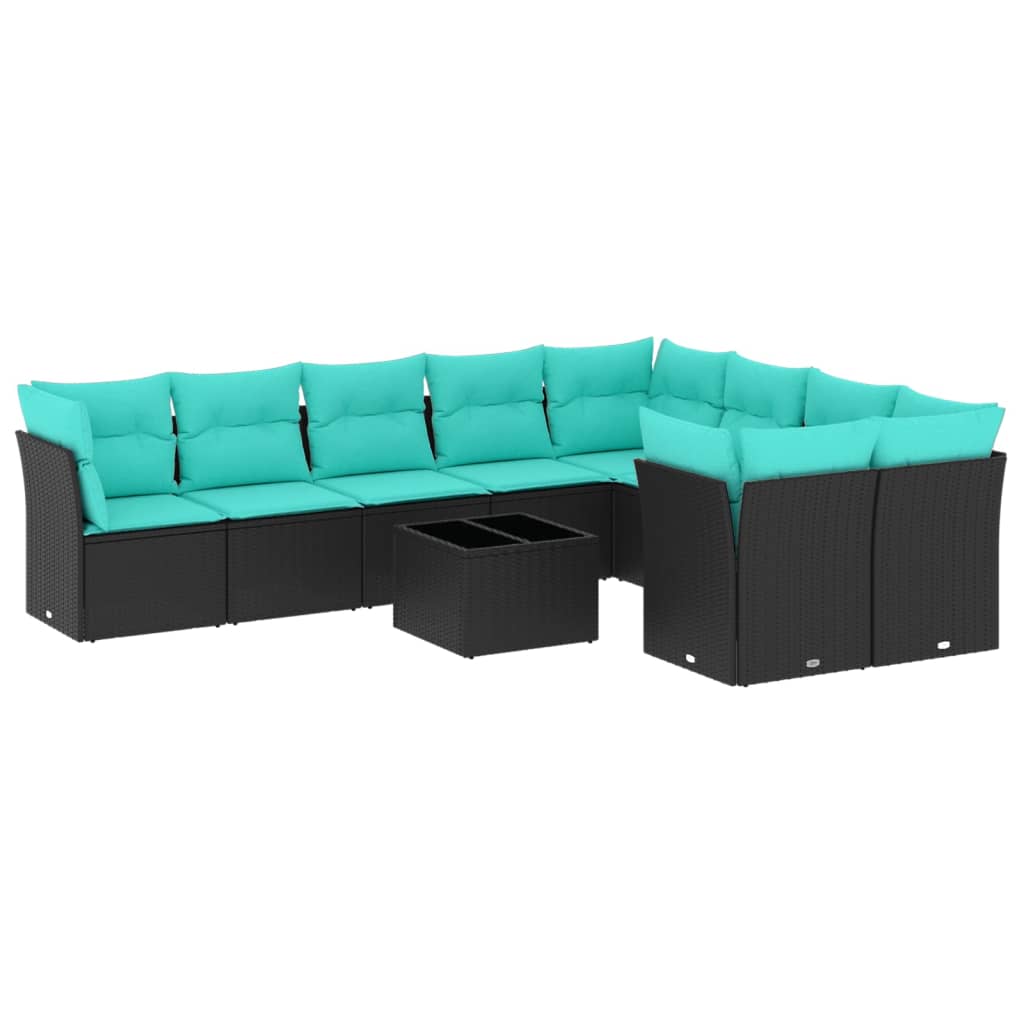10 Piece Patio Sofa Set with Cushions Black Poly Rattan