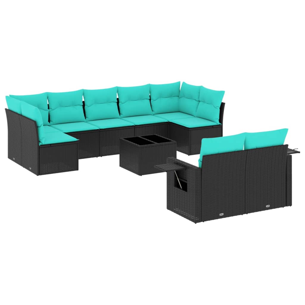 10 Piece Patio Sofa Set with Cushions Black Poly Rattan