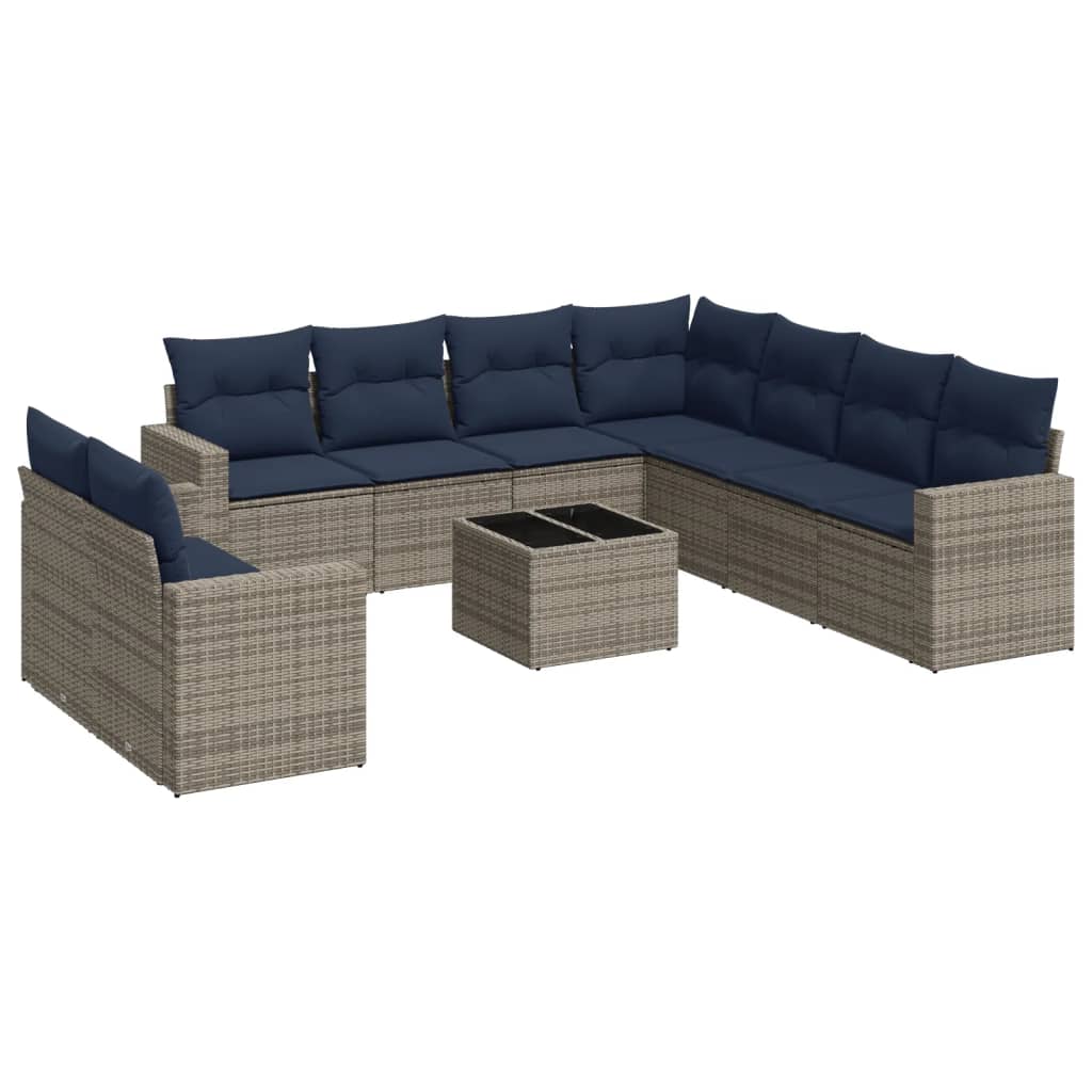 10 Piece Patio Sofa Set with Cushions Gray Poly Rattan