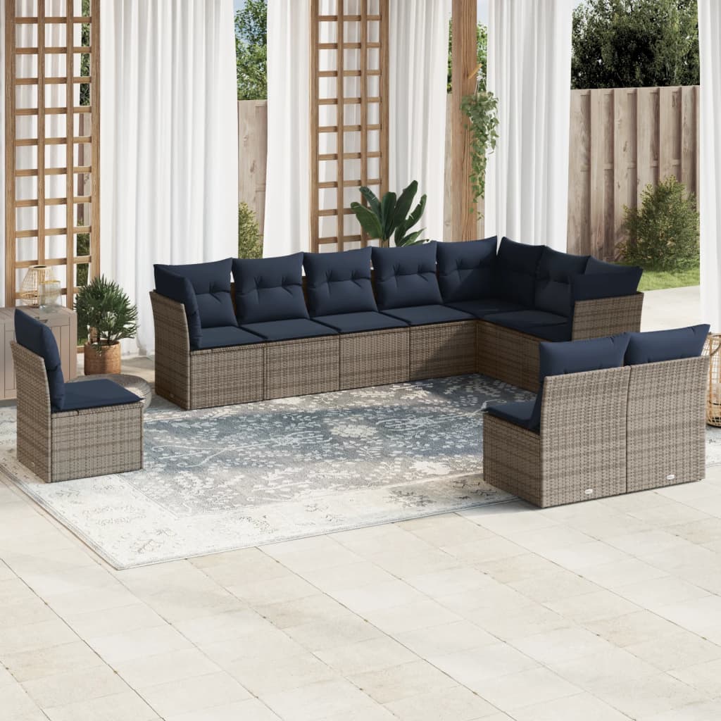 10 Piece Patio Sofa Set with Cushions Gray Poly Rattan