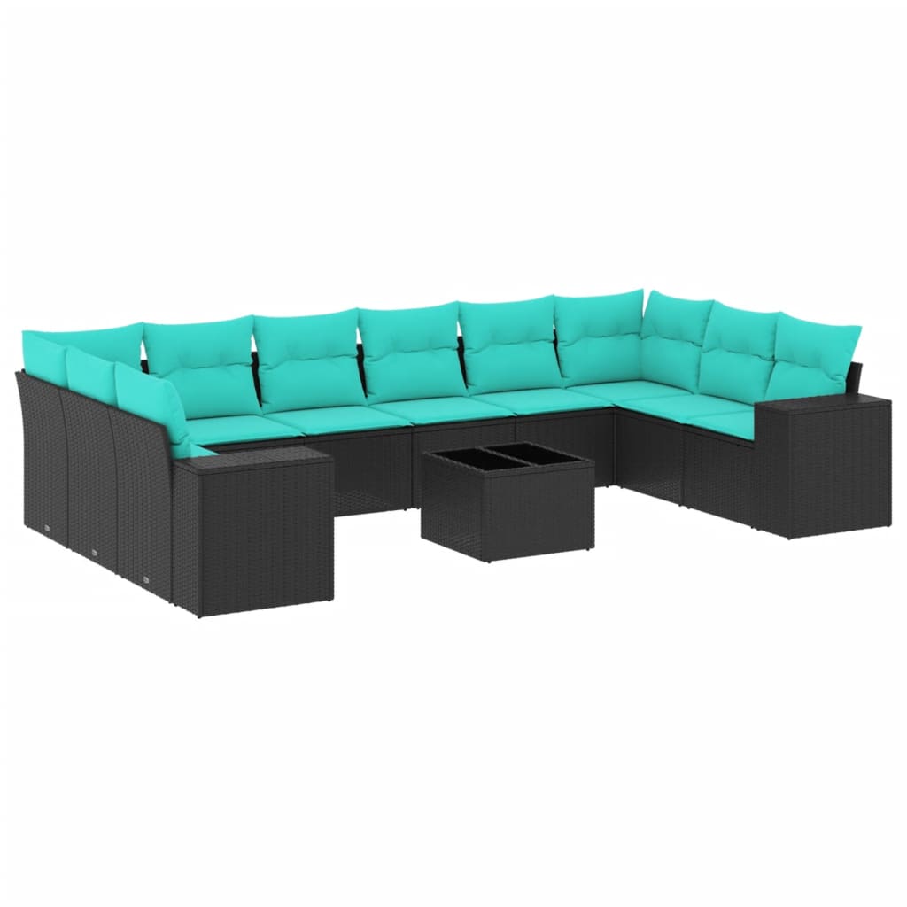 11 Piece Garden Sofa Set with Cushions Black Poly Rattan