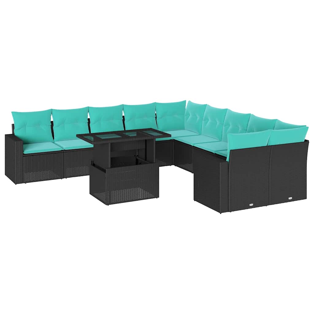 11 Piece Garden Sofa Set with Cushions Black Poly Rattan