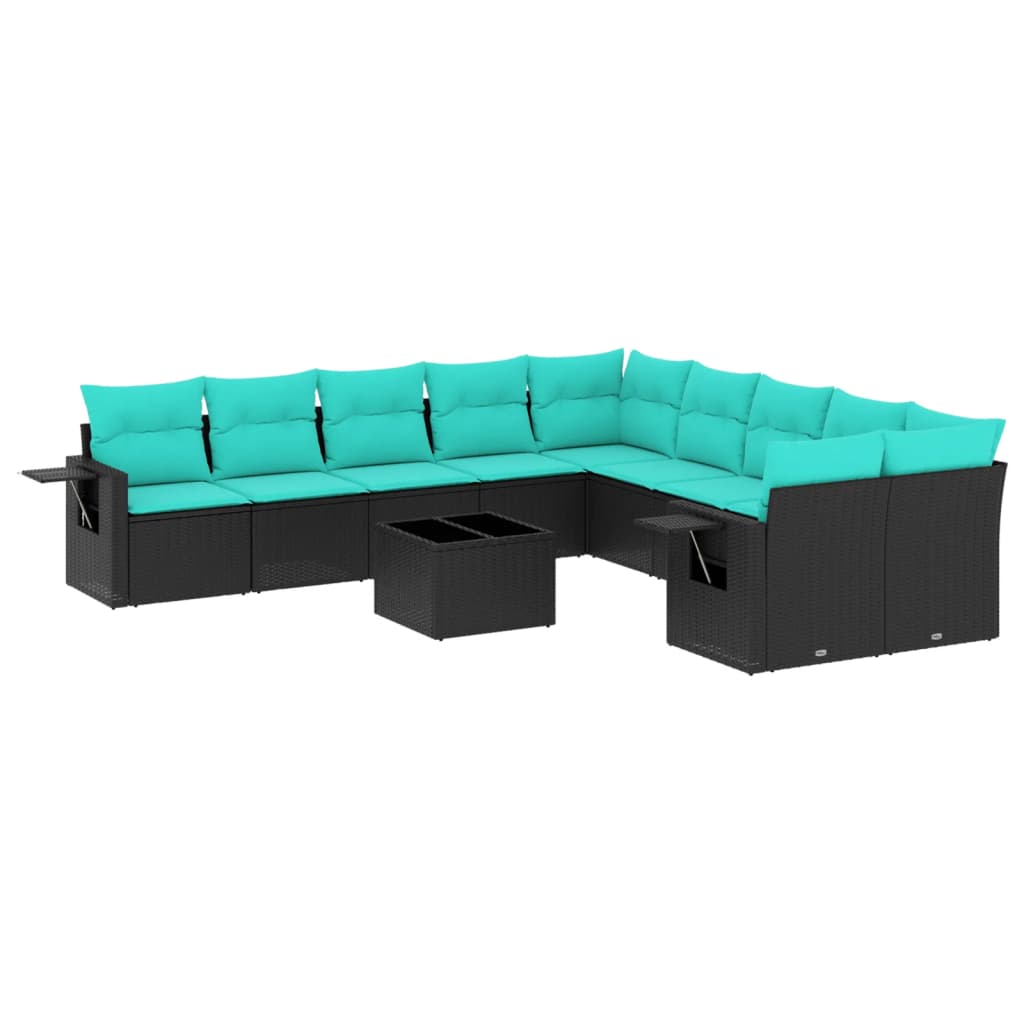 11 Piece Garden Sofa Set with Cushions Black Poly Rattan