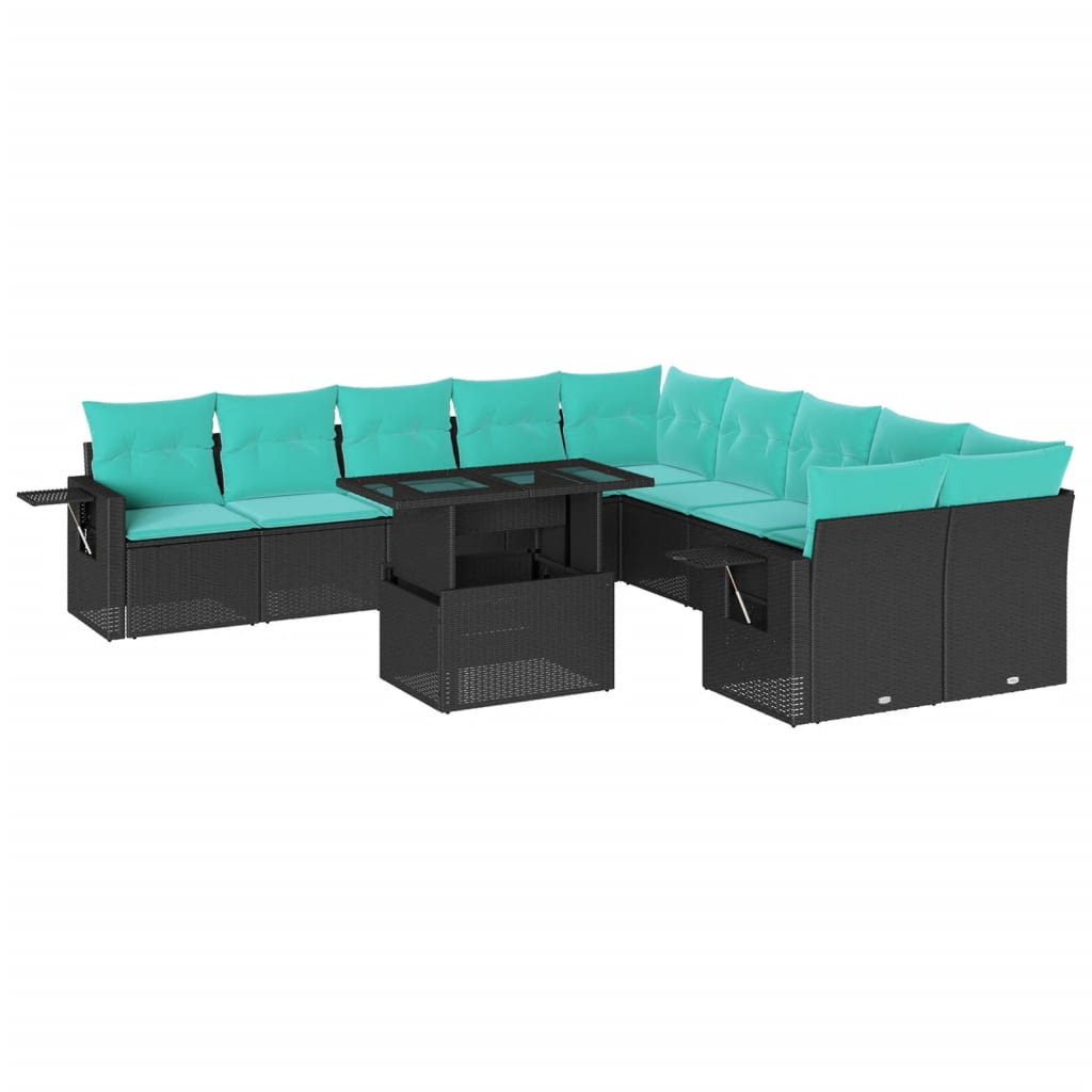11 Piece Garden Sofa Set with Cushions Black Poly Rattan