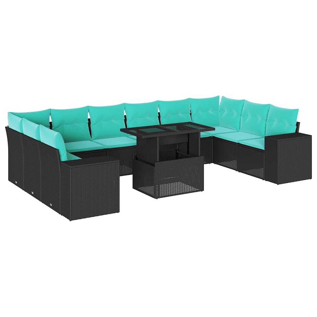 11 Piece Garden Sofa Set with Cushions Black Poly Rattan