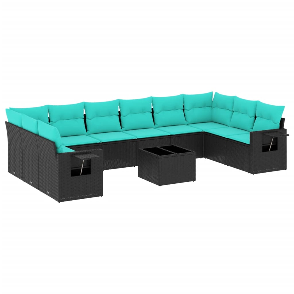 11 Piece Garden Sofa Set with Cushions Black Poly Rattan