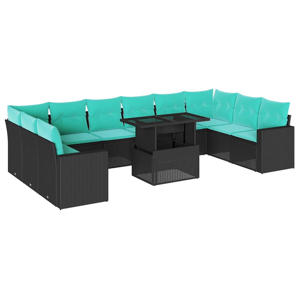 11 Piece Garden Sofa Set with Cushions Black Poly Rattan
