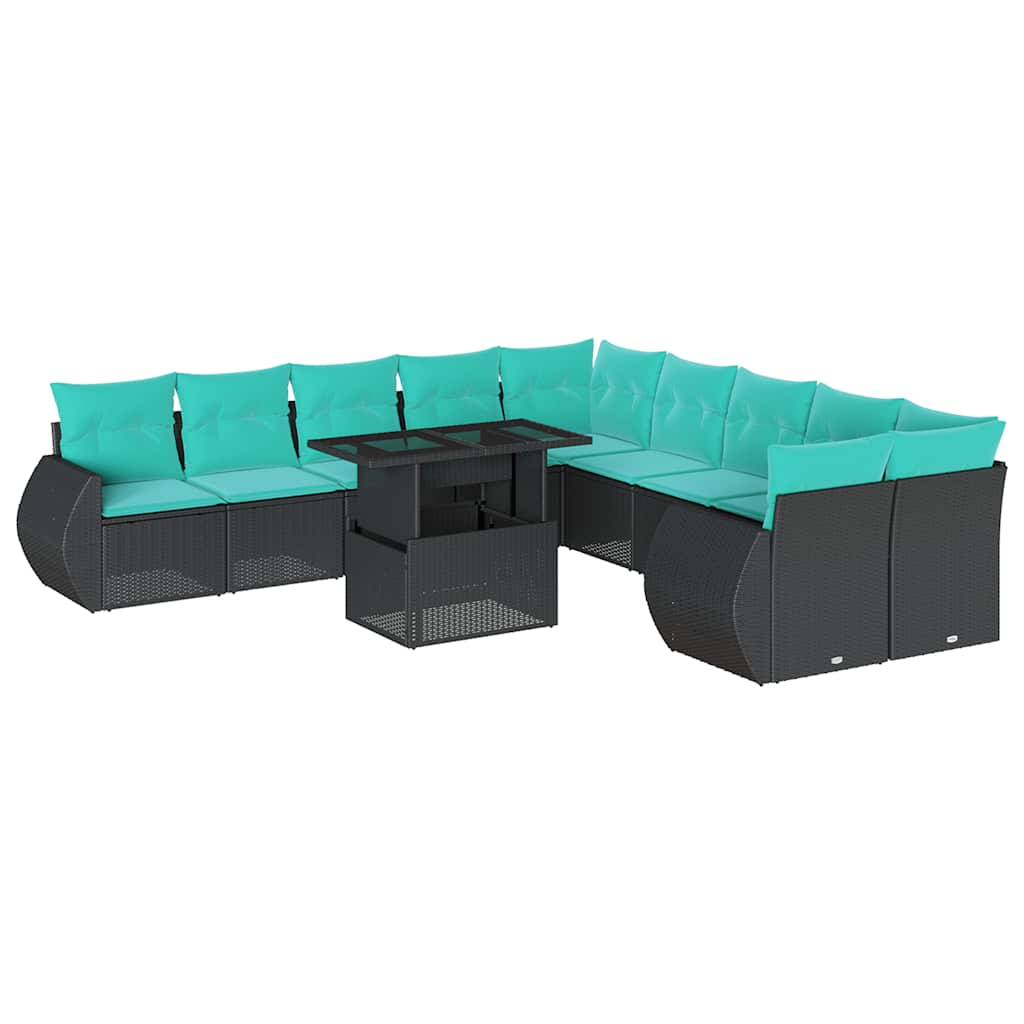 11 Piece Garden Sofa Set with Cushions Black Poly Rattan