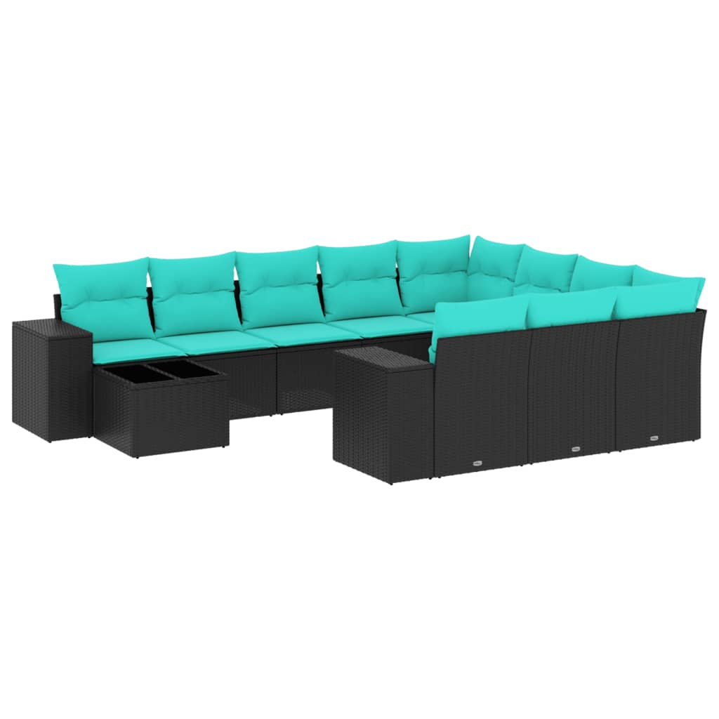 11 Piece Garden Sofa Set with Cushions Black Poly Rattan