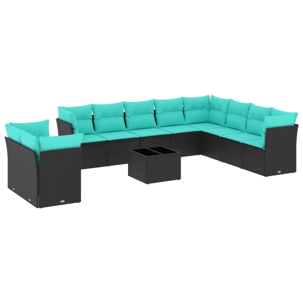 11 Piece Garden Sofa Set with Cushions Black Poly Rattan