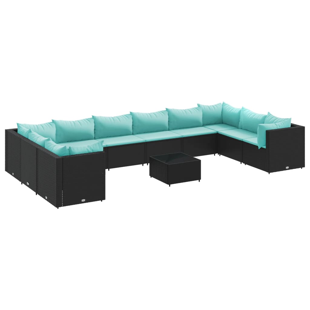 11 Piece Patio Lounge Set with Cushions Black Poly Rattan