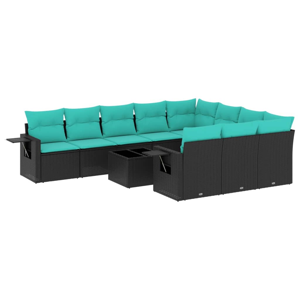 11 Piece Patio Sofa Set with Cushions Black Poly Rattan