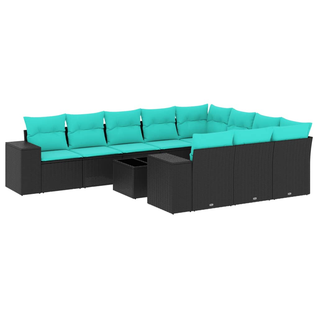 11 Piece Patio Sofa Set with Cushions Black Poly Rattan