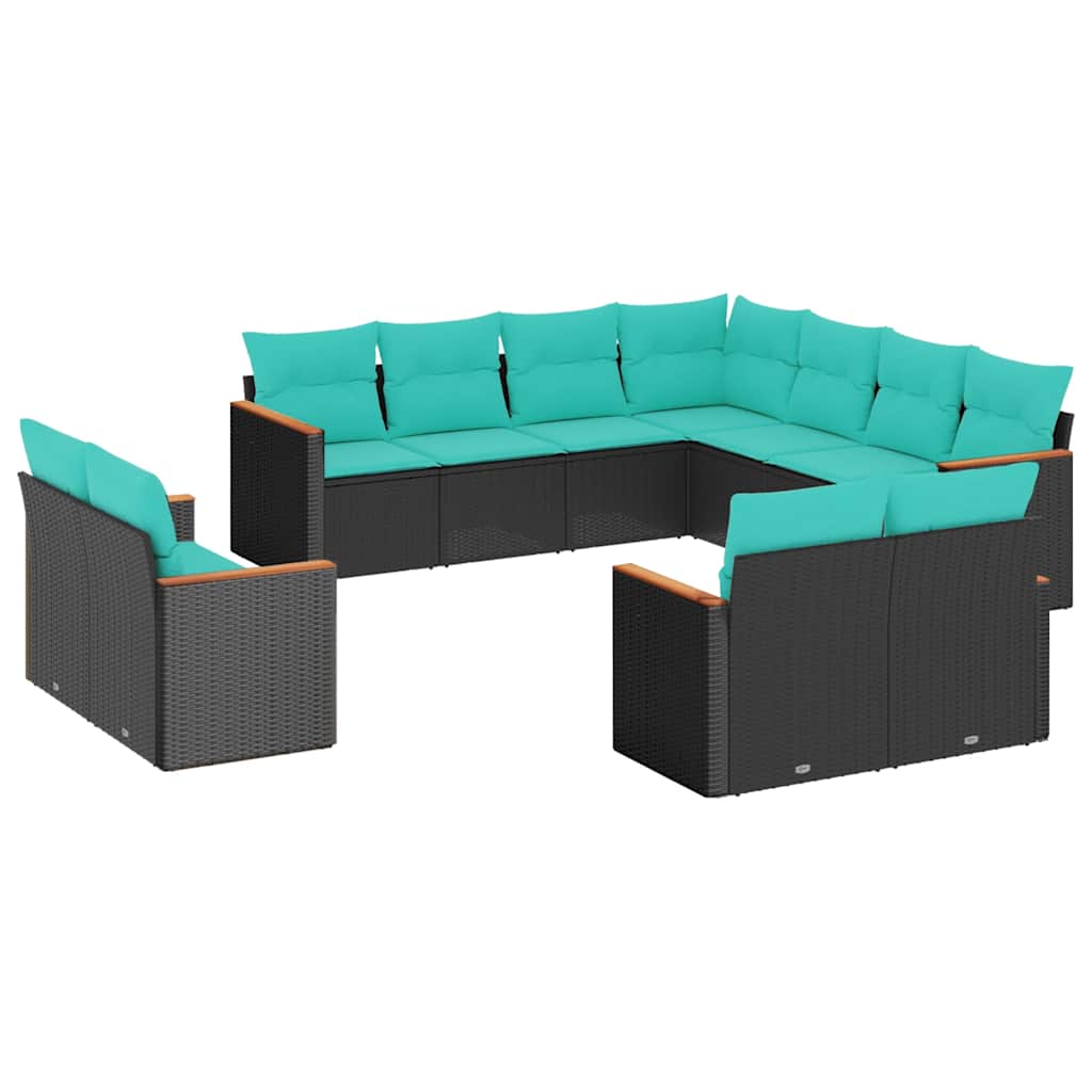 11 Piece Patio Sofa Set with Cushions Black Poly Rattan