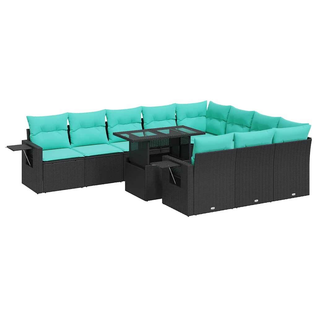 11 Piece Patio Sofa Set with Cushions Black Poly Rattan Acacia