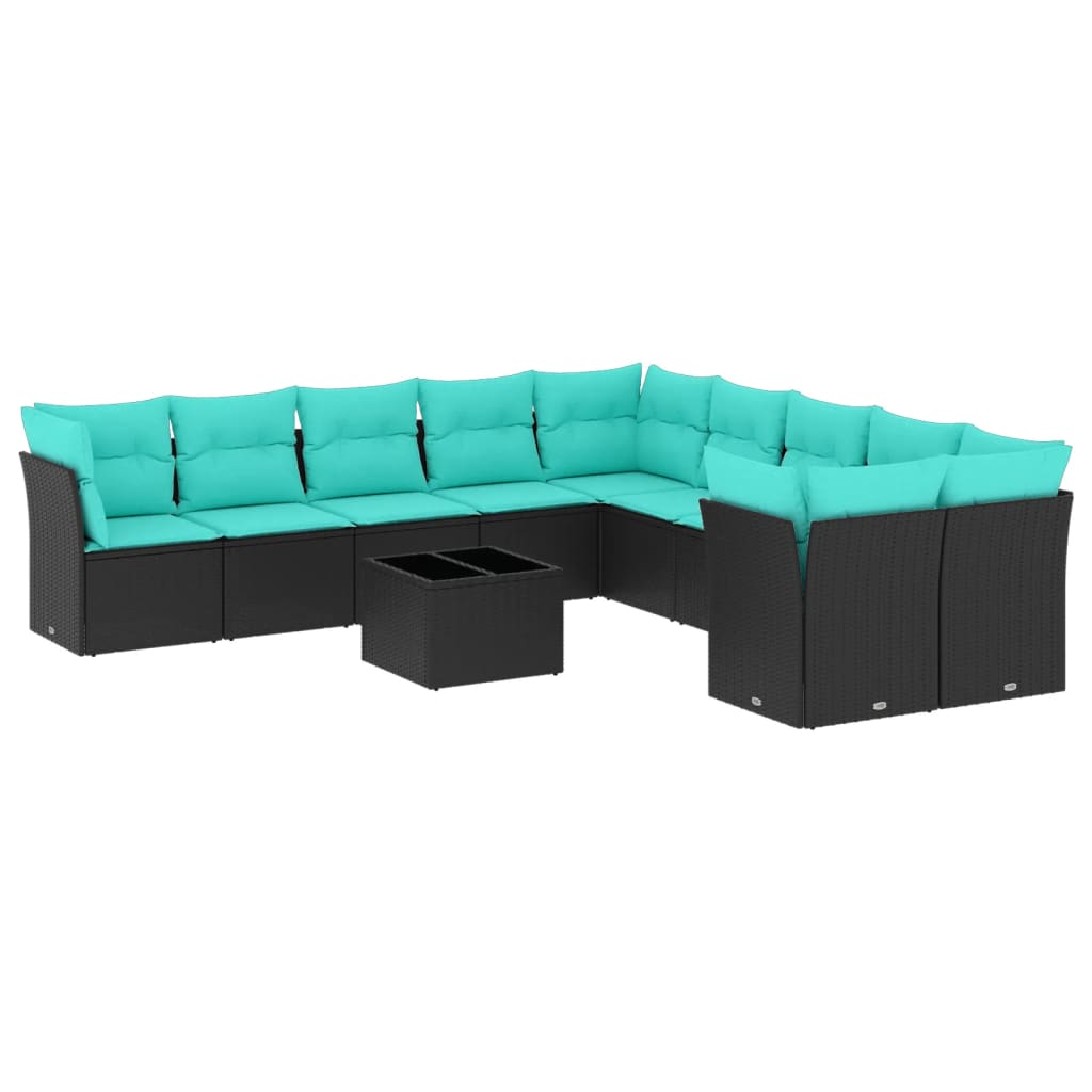11 Piece Patio Sofa Set with Cushions Black Poly Rattan