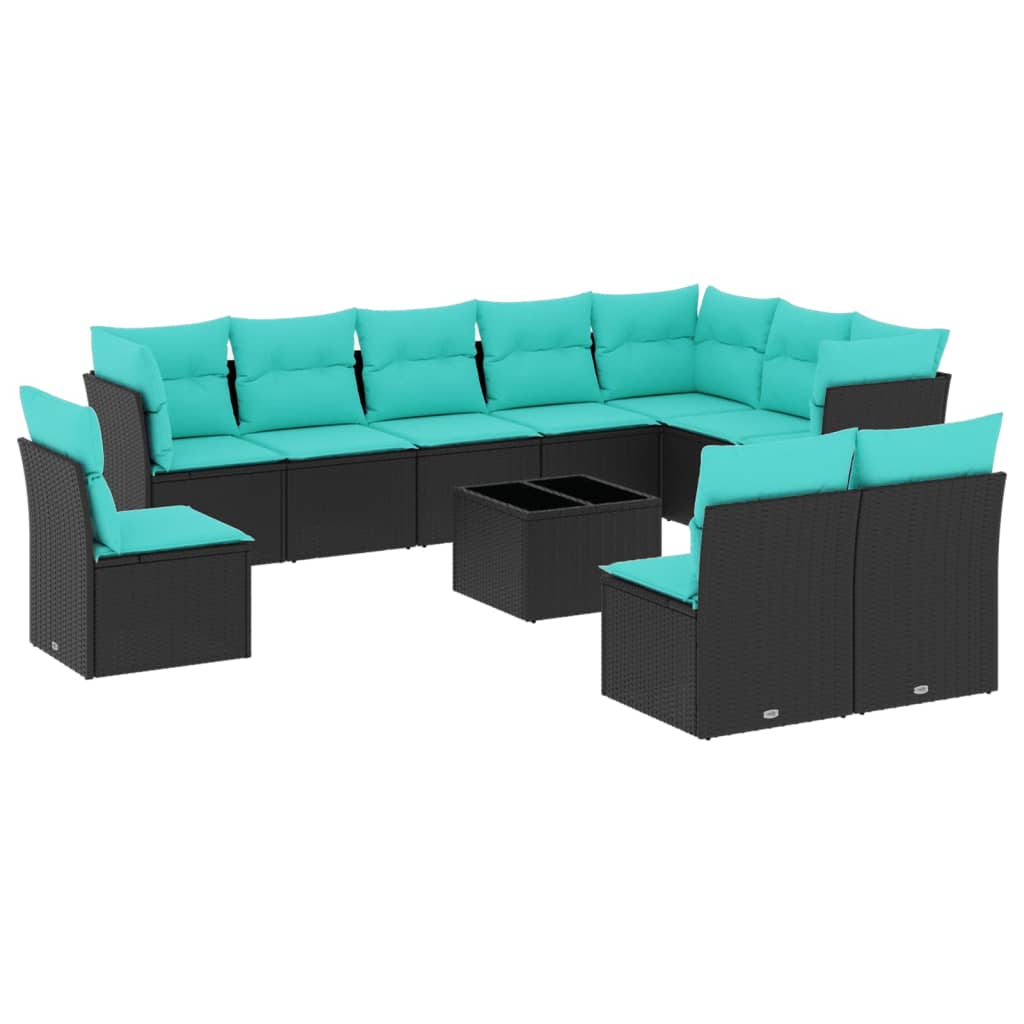 11 Piece Patio Sofa Set with Cushions Black Poly Rattan