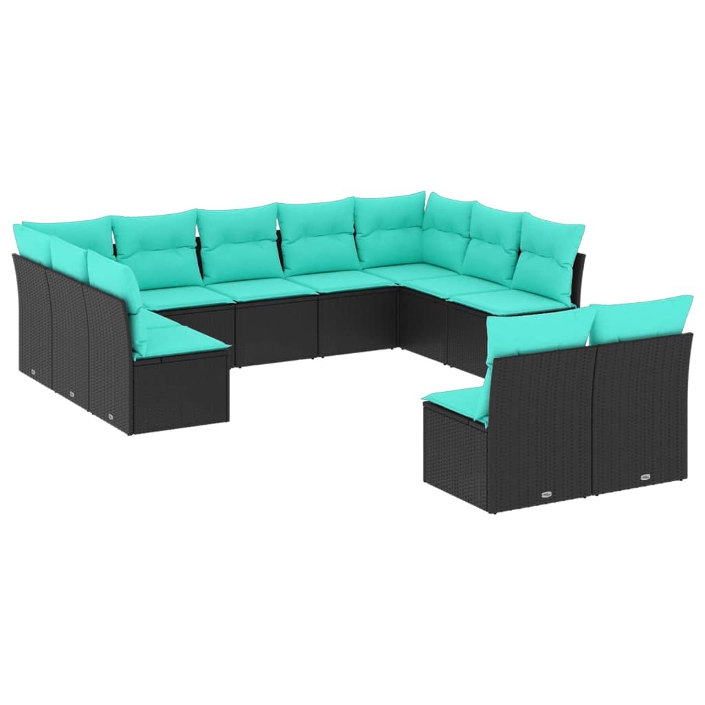 11 Piece Patio Sofa Set with Cushions Black Poly Rattan