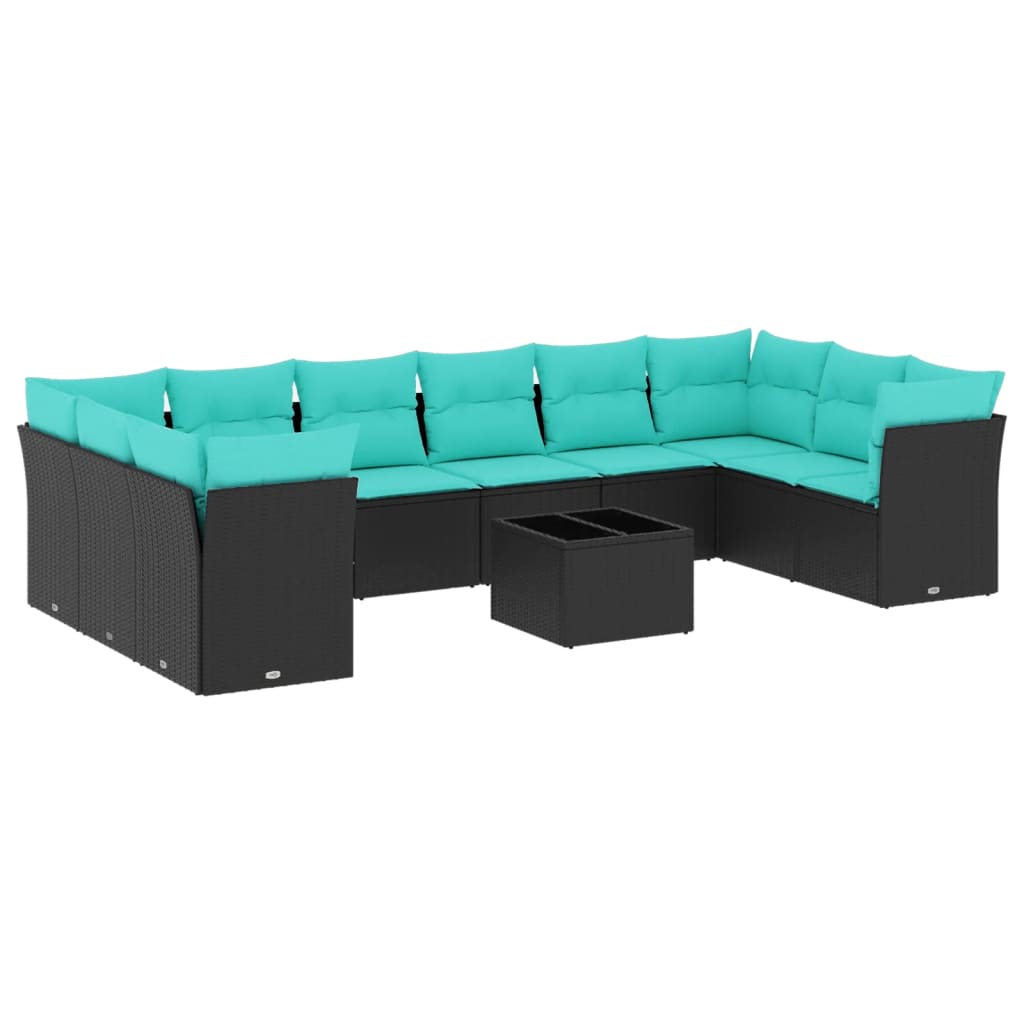 11 Piece Patio Sofa Set with Cushions Black Poly Rattan