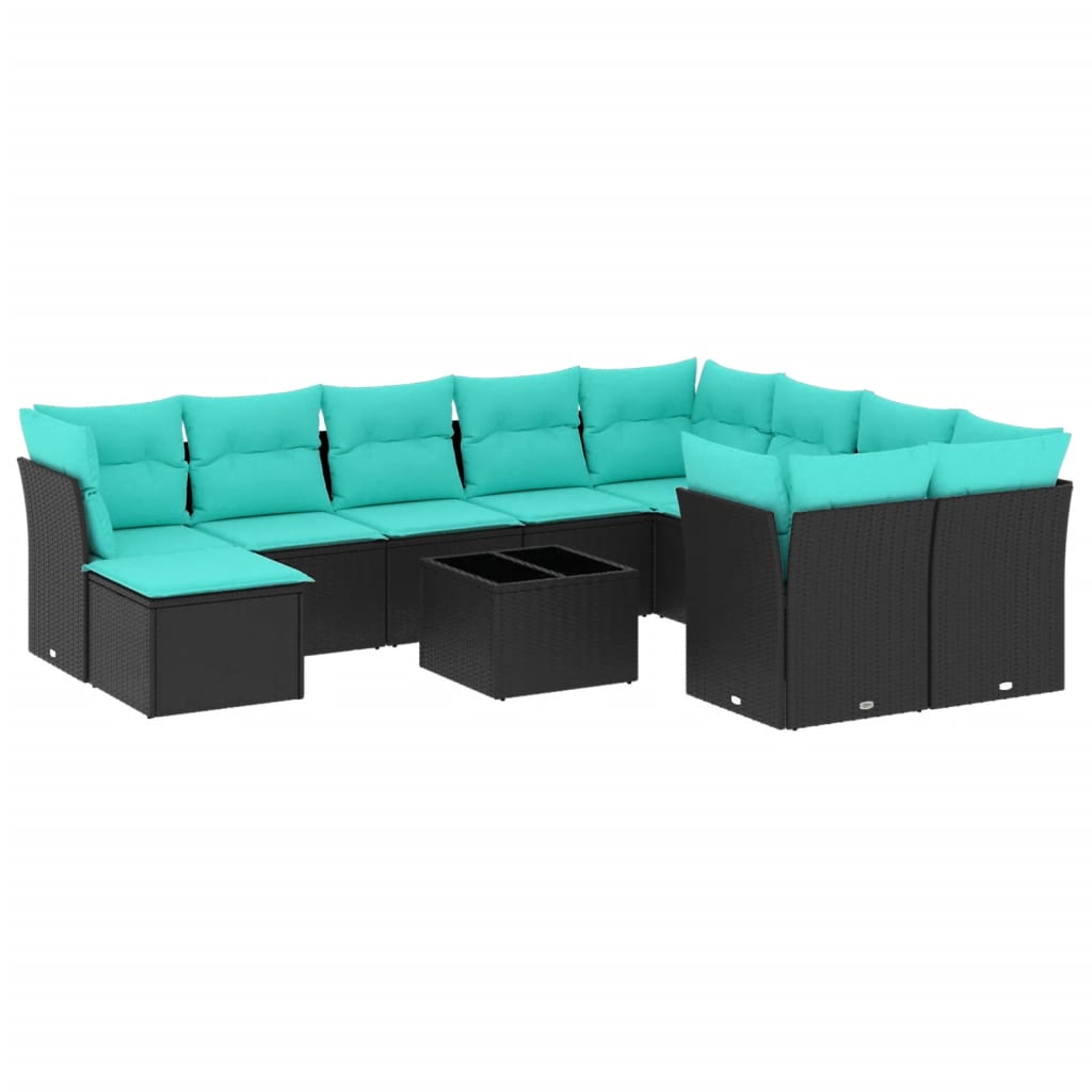 11 Piece Patio Sofa Set with Cushions Black Poly Rattan