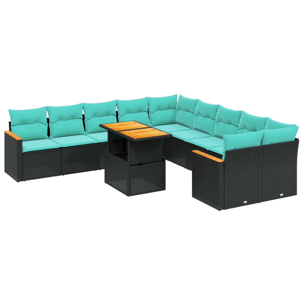 11 Piece Patio Sofa Set with Cushions Black Poly Rattan