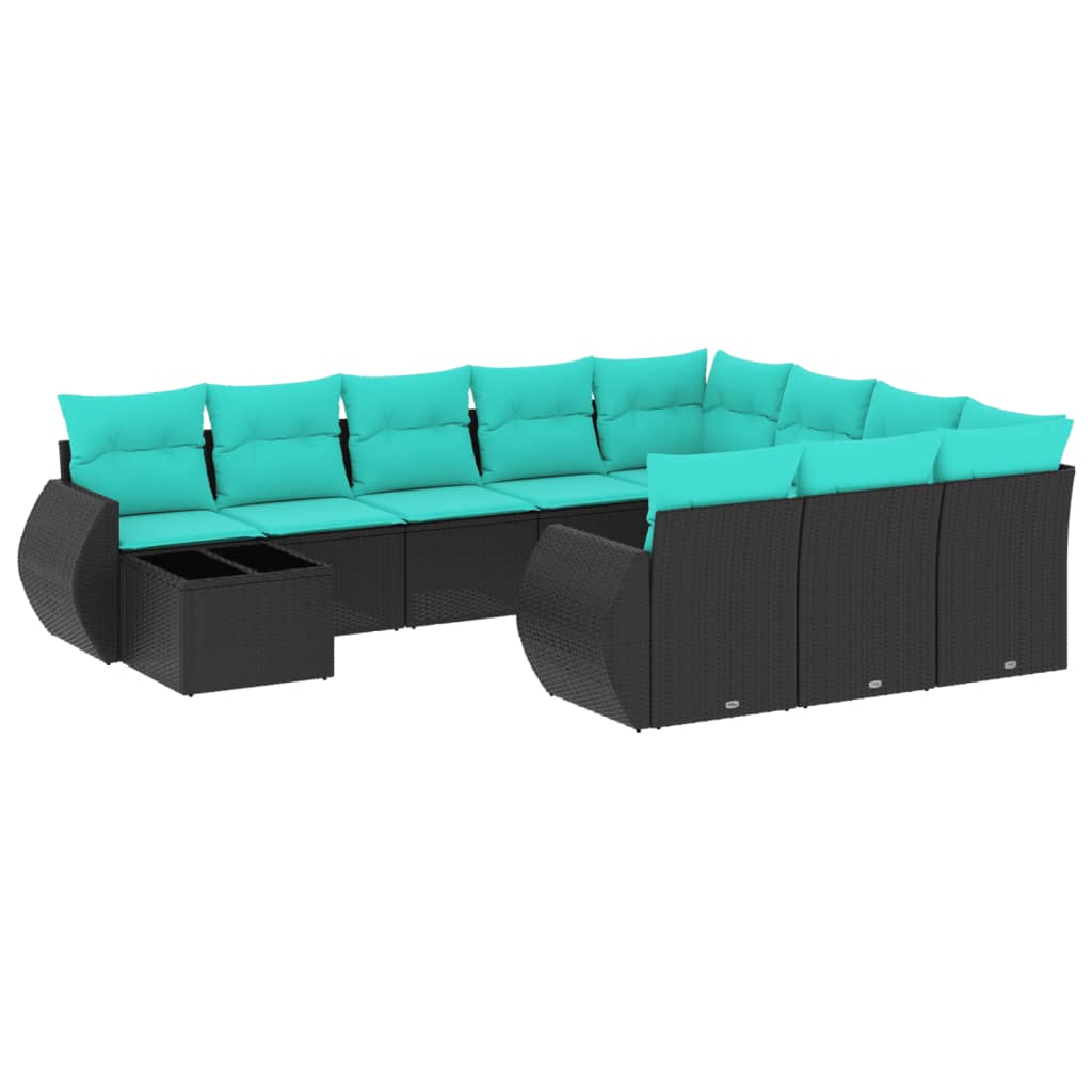 11 Piece Patio Sofa Set with Cushions Black Poly Rattan