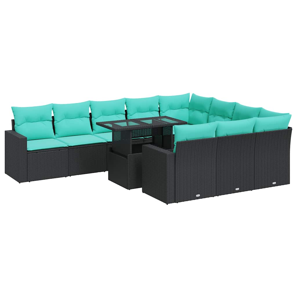 11 Piece Patio Sofa Set with Cushions Black Poly Rattan Acacia