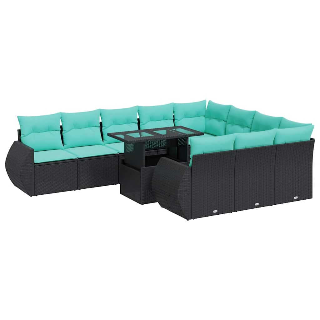11 Piece Patio Sofa Set with Cushions Black Poly Rattan Acacia