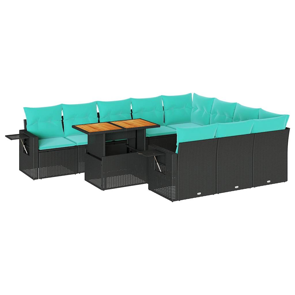 11 Piece Patio Sofa Set with Cushions Black Poly Rattan