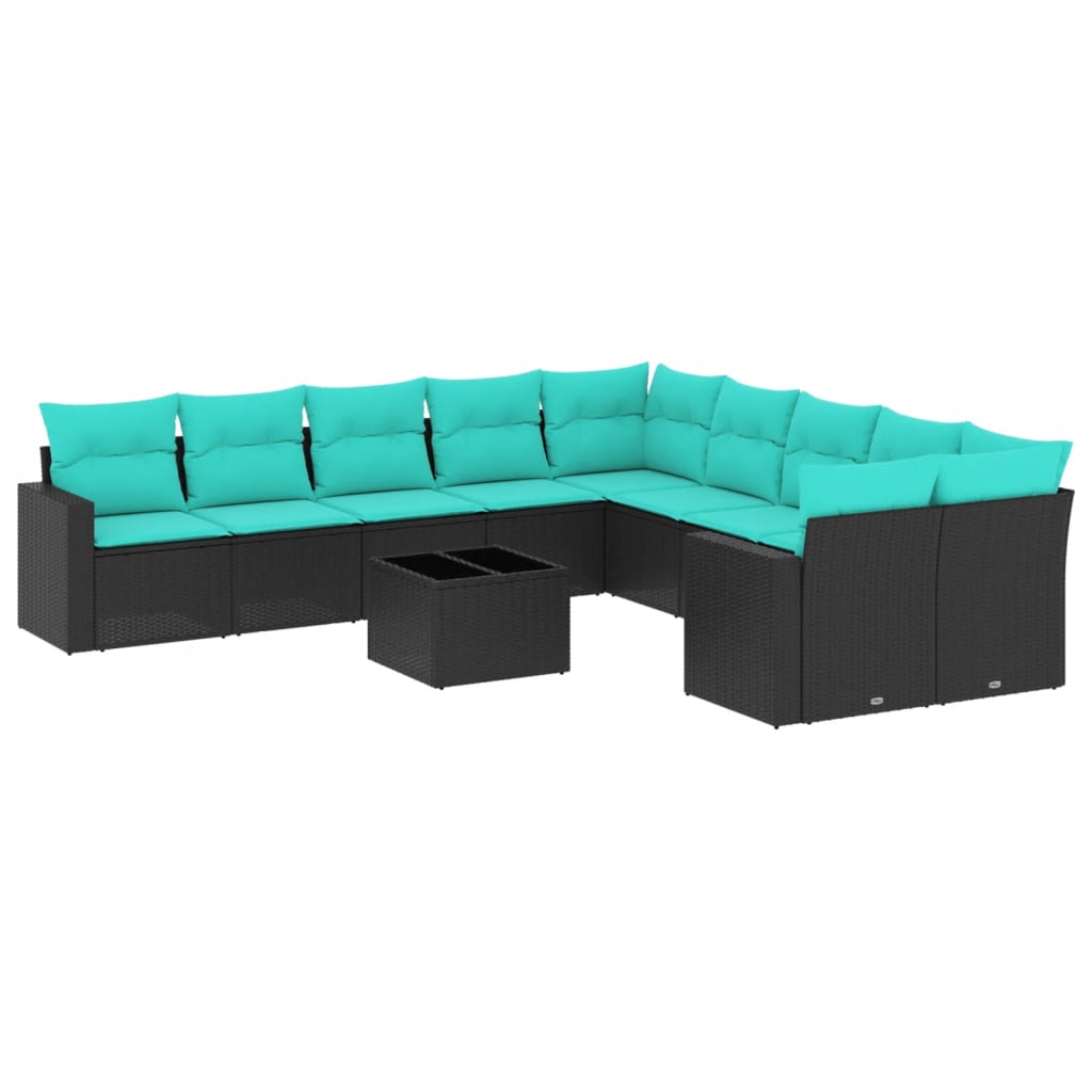 11 Piece Patio Sofa Set with Cushions Black Poly Rattan (US only)