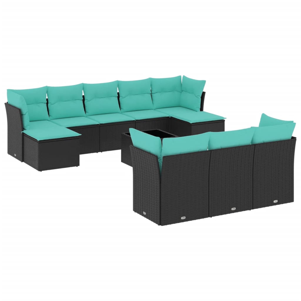 11 Piece Patio Sofa Set with Cushions Black Poly Rattan