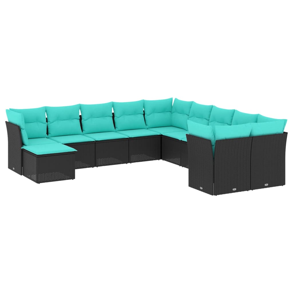 11 Piece Patio Sofa Set with Cushions Black Poly Rattan