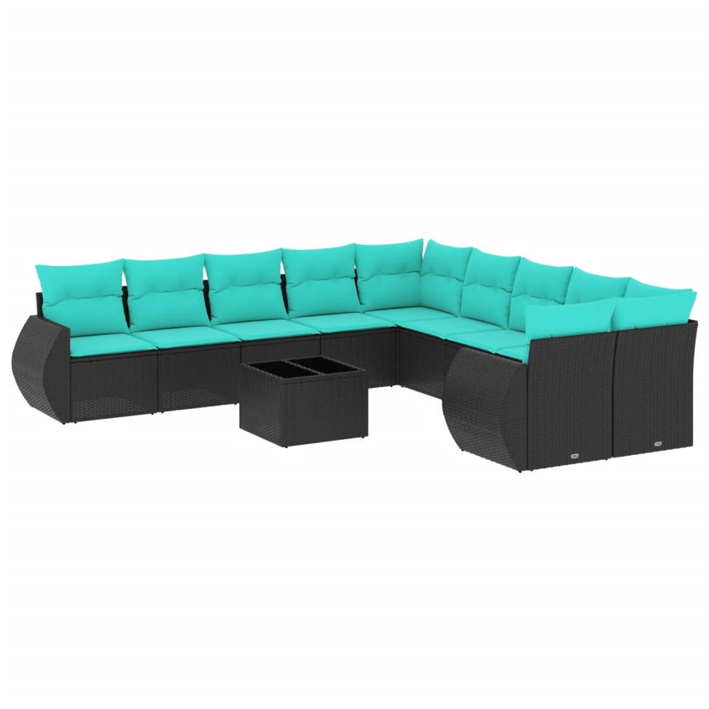 11 Piece Patio Sofa Set with Cushions Black Poly Rattan