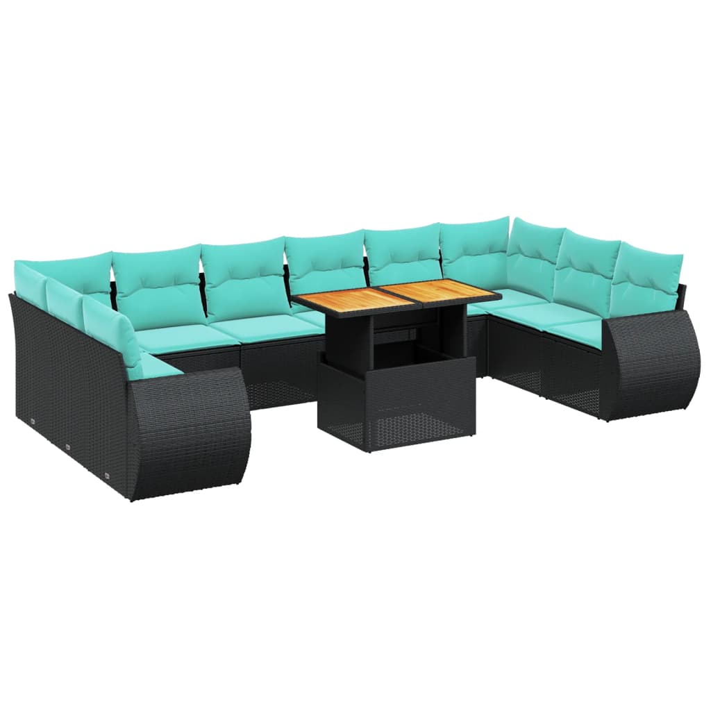 11 Piece Patio Sofa Set with Cushions Black Poly Rattan